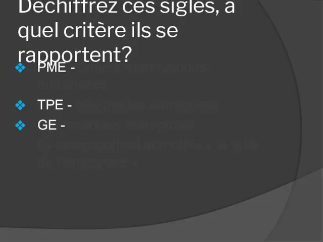 Déchiffrez ces sigles, à quel critère ils se rapportent? PME - petites