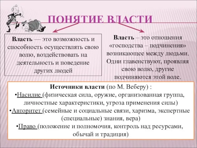 ПОНЯТИЕ ВЛАСТИ Власть — это возможность и способность осуществлять свою волю, воздействовать