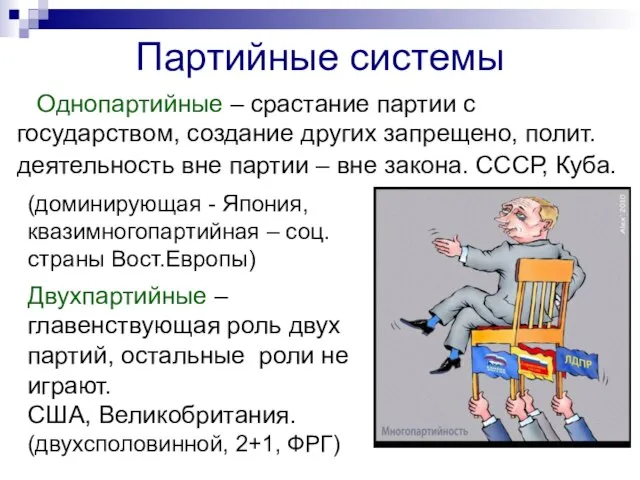 Партийные системы Однопартийные – срастание партии с государством, создание других запрещено, полит.