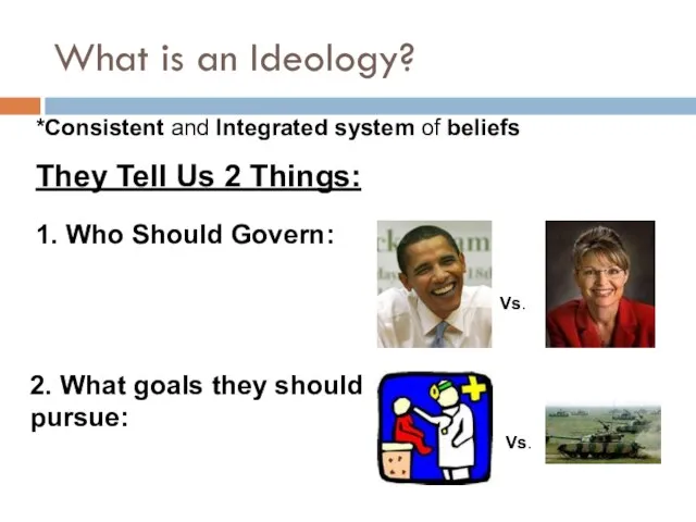 What is an Ideology? Vs. Vs. *Consistent and Integrated system of beliefs