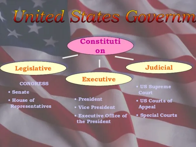 United States Government Constitution Judicial Executive Legislative CONGRESS Senate House of Representatives