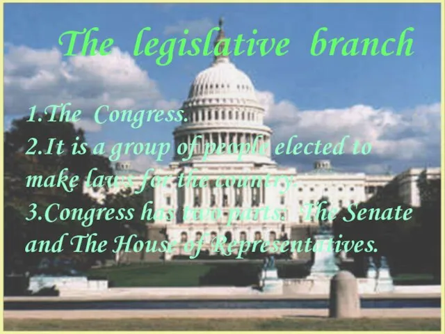 The legislative branch 1.The Congress. 2.It is a group of people elected