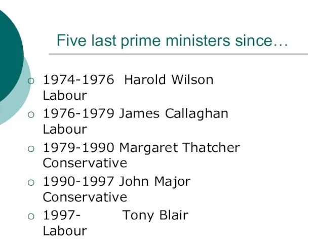 Five last prime ministers since… 1974-1976 Harold Wilson Labour 1976-1979 James Callaghan