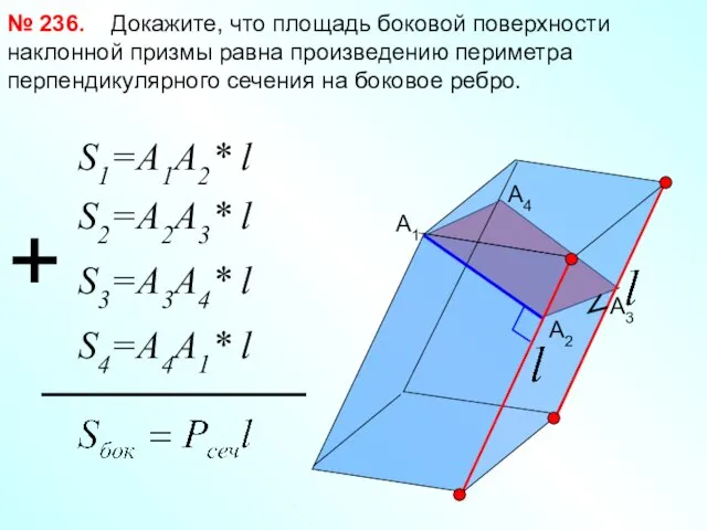 Докажите, что площадь боковой поверхности наклонной призмы равна произведению периметра перпендикулярного сечения