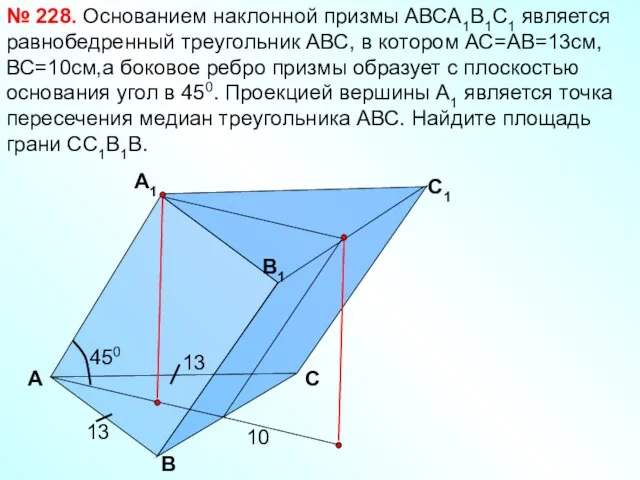 А B C1 B1 А1 C Основанием наклонной призмы АВСА1В1С1 является равнобедренный