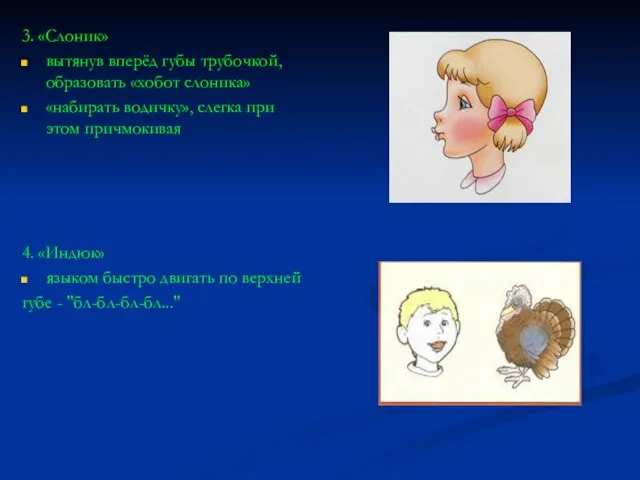 3. «Слоник» вытянув вперёд губы трубочкой, образовать «хобот слоника» «набирать водичку», слегка