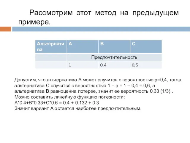 Рассмотрим этот метод на предыдущем примере. Допустим, что альтернатива А может случится