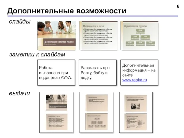 Дополнительные возможности слайды выдачи заметки к слайдам Рассказать про Репку, бабку и