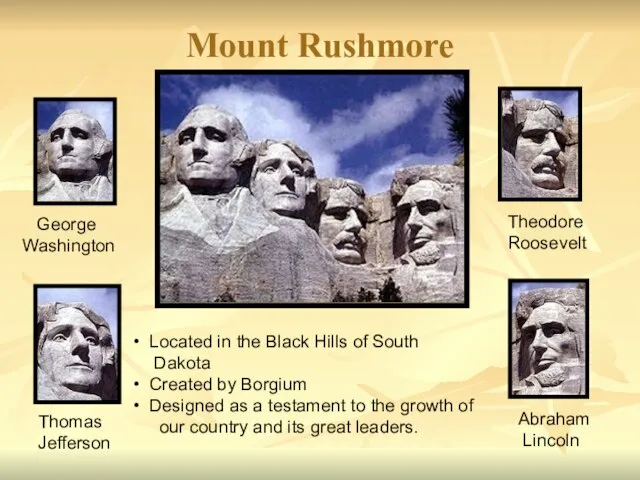 Mount Rushmore George Washington Thomas Jefferson Theodore Roosevelt Abraham Lincoln Located in