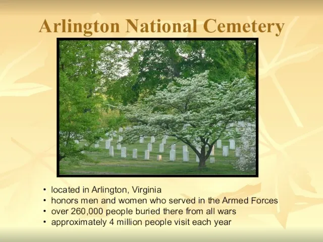 Arlington National Cemetery located in Arlington, Virginia honors men and women who