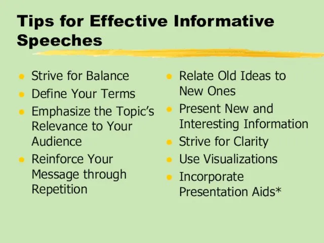 Tips for Effective Informative Speeches Strive for Balance Define Your Terms Emphasize