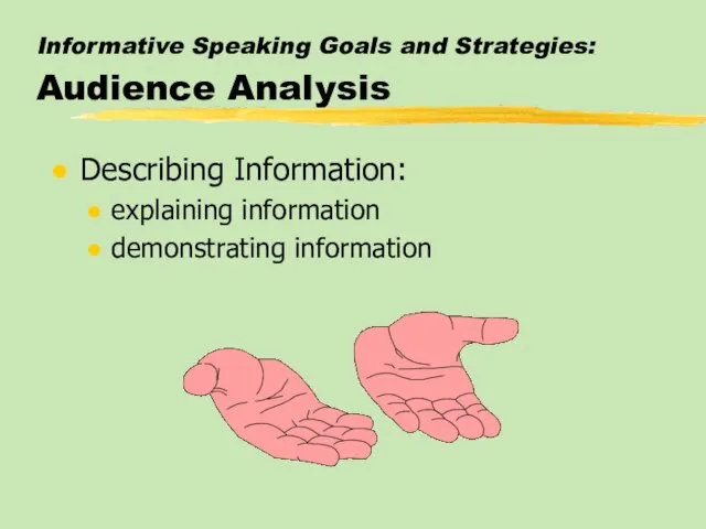 Informative Speaking Goals and Strategies: Audience Analysis Describing Information: explaining information demonstrating information