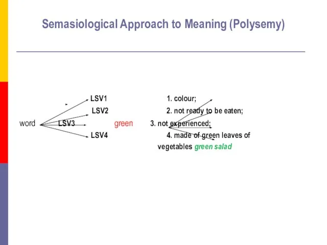 Semasiological Approach to Meaning (Polysemy) LSV1 1. colour; LSV2 2. not ready