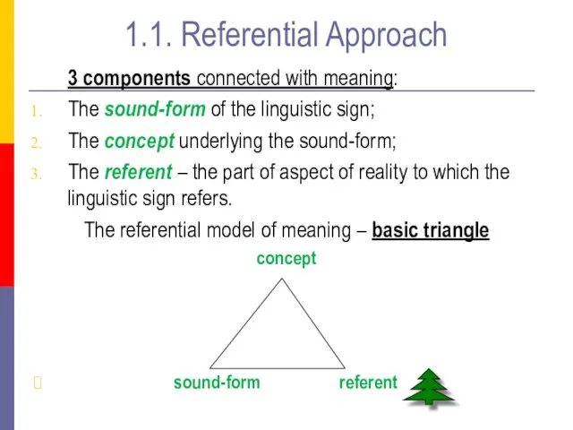 1.1. Referential Approach 3 components connected with meaning: The sound-form of the