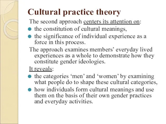 Cultural practice theory The second approach centers its attention on: the constitution