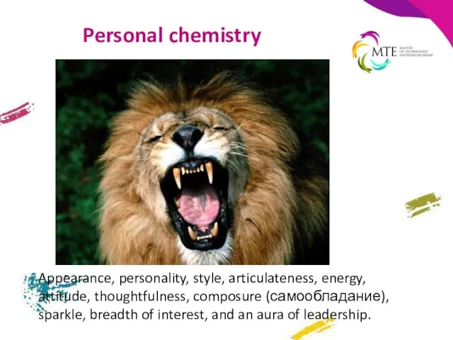 Personal chemistry Appearance, personality, style, articulateness, energy, attitude, thoughtfulness, composure (самообладание), sparkle,