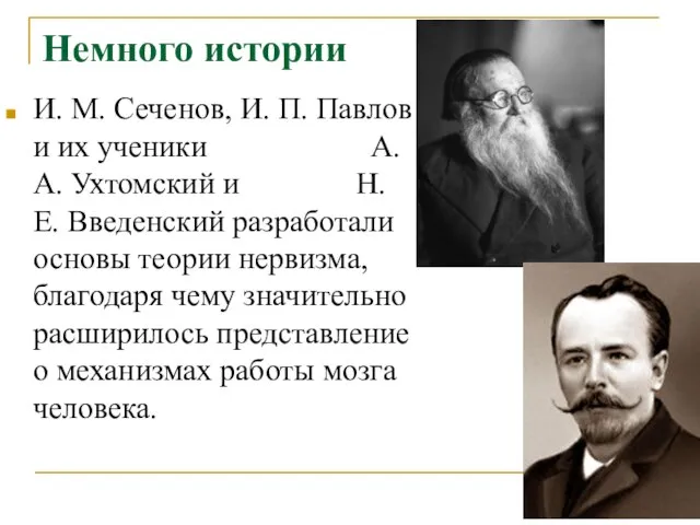 Немного истории И. М. Сеченов, И. П. Павлов и их ученики А.А.