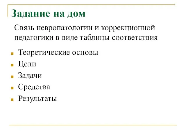 Задание на дом Теоретические основы Цели Задачи Средства Результаты Связь невропатологии и