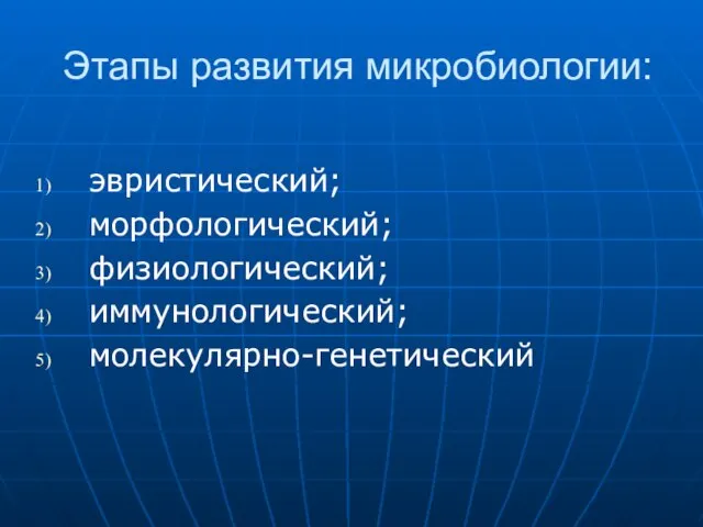 Этапы развития микробиологии: эвристический; морфологический; физиологический; иммунологический; молекулярно-генетический