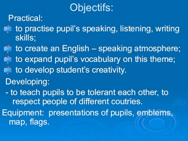 Objectifs: Practical: to practise pupil’s speaking, listening, writing skills; to create an