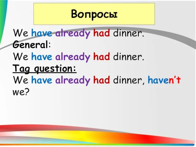 Вопросы We have already had dinner. General: We have already had dinner.