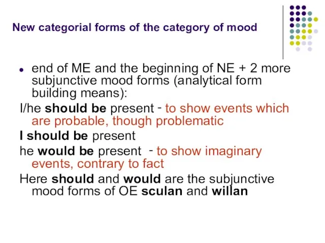 New categorial forms of the category of mood end of ME and