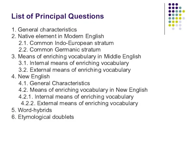 List of Principal Questions 1. General characteristics 2. Native element in Modern