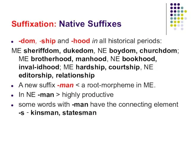 Suffixation: Native Suffixes -dom, -ship and -hood in all historical periods: ME