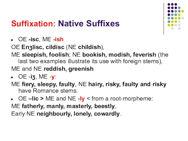 Suffixation: Native Suffixes OE -isc, ME -ish OE Enӡlisc, cildisc (NE childish),
