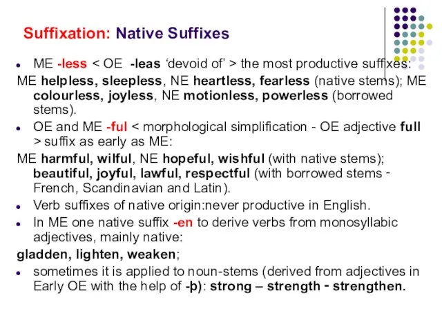 Suffixation: Native Suffixes ME -less the most productive suffixes: ME helpless, sleepless,