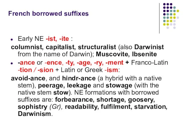 French borrowed suffixes Early NE -ist, -ite : columnist, capitalist, structuralist (also