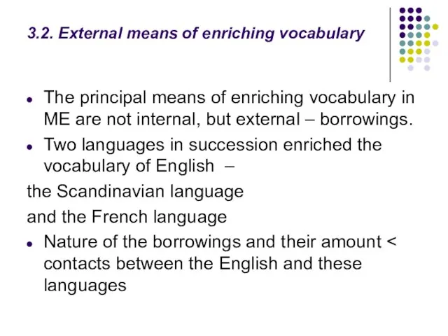 3.2. External means of enriching vocabulary The principal means of enriching vocabulary