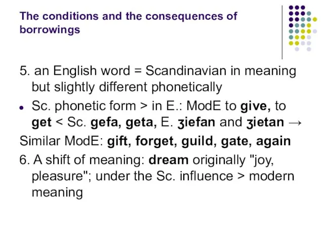 The conditions and the consequences of borrowings 5. an English word =