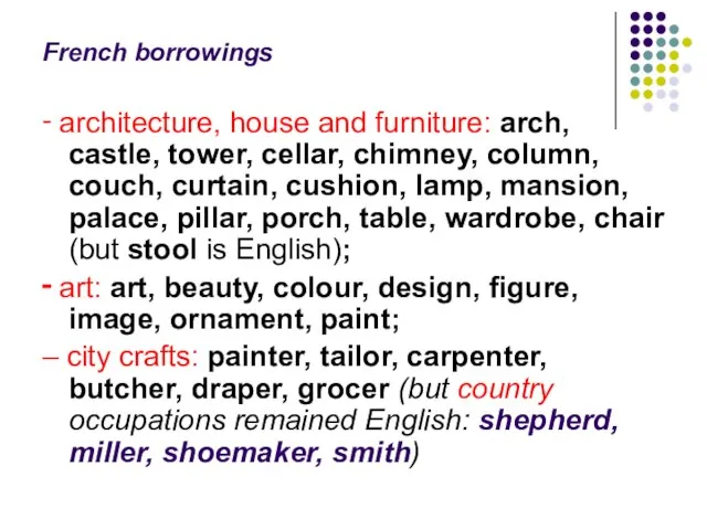 French borrowings ‑ architecture, house and furniture: arch, castle, tower, cellar, chimney,