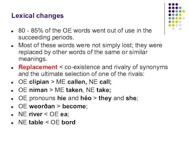 Lexical changes 80 - 85% of the OE words went out of