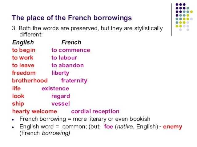 The place of the French borrowings 3. Both the words are preserved,