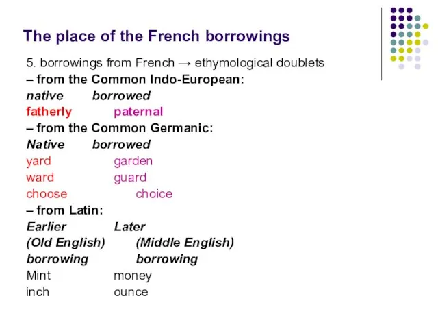 The place of the French borrowings 5. borrowings from French → ethymological