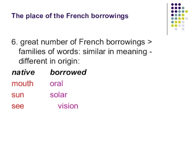 The place of the French borrowings 6. great number of French borrowings