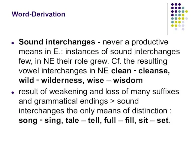 Word-Derivation Sound interchanges - never a productive means in E.: instances of