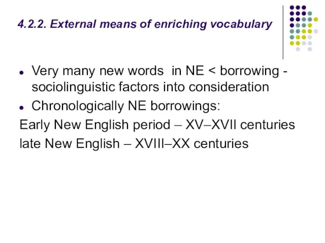4.2.2. External means of enriching vocabulary Very many new words in NE