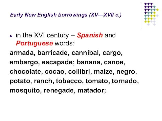 Early New English borrowings (XV—XVII c.) in the XVI century – Spanish
