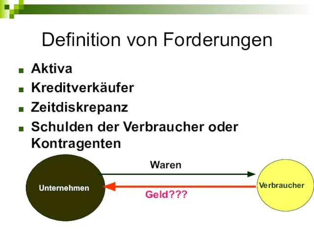 Definition von Forderungen Aktiva Kreditverkäufer Zeitdiskrepanz Schulden der Verbraucher oder Kontragenten Verbraucher Waren Geld??? Unternehmen