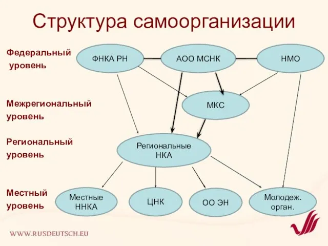 Структура самоорганизации Федеральный уровень Межрегиональный уровень Региональный уровень Местный уровень ФНКА РН