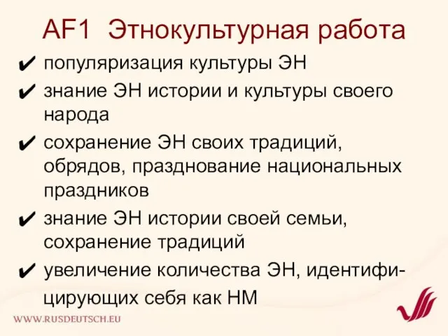 AF1 Этнокультурная работа популяризация культуры ЭН знание ЭН истории и культуры своего