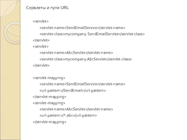 Сервлеты и пути URL SendEmailService mycompany. SendEmailServlet AbcServlet mycompany.AbcServlet SendEmailService /SendEmail AbcServlet /*.abc
