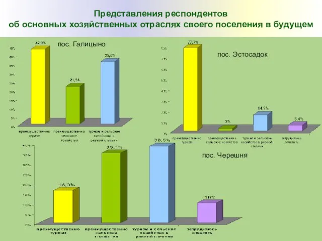 Представления респондентов об основных хозяйственных отраслях своего поселения в будущем пос. Галицыно пос. Эстосадок пос. Черешня