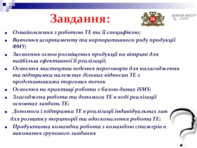 Завдання: Ознайомлення з роботою ТЕ та її специфікою; Вивчення асортименту та корпоративного