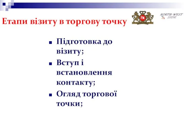 Етапи візиту в торгову точку Підготовка до візиту; Вступ і встановлення контакту; Огляд торгової точки;