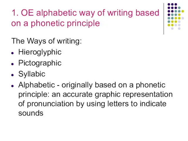 1. OE alphabetic way of writing based on a phonetic principle The