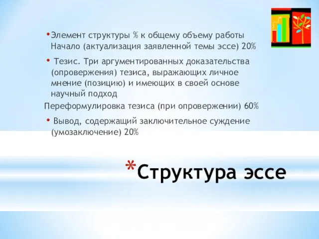 Структура эссе Элемент структуры % к общему объему работы Начало (актуализация заявленной